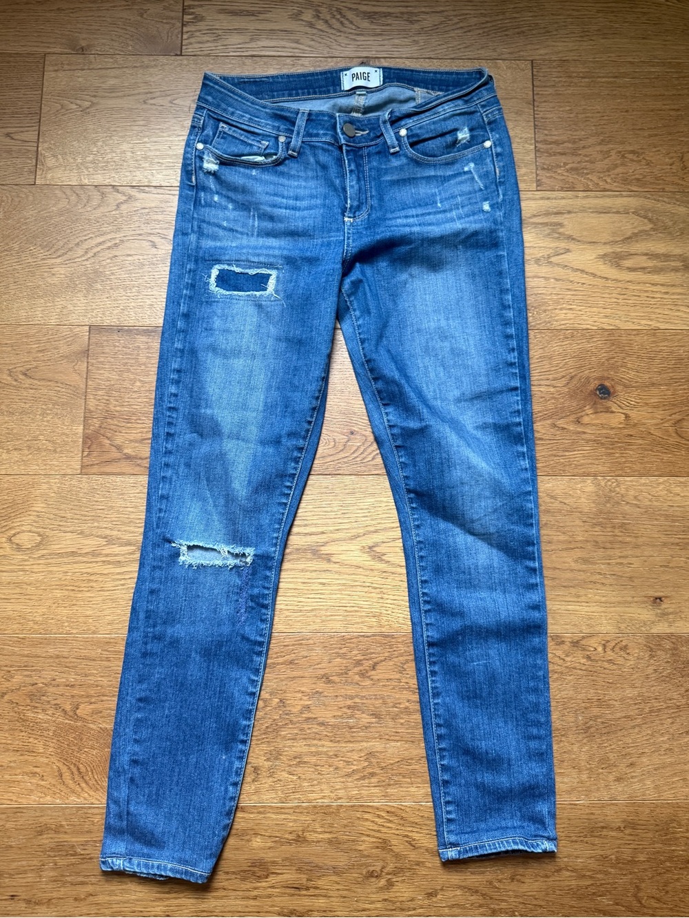 Paige Verdugo ultra skinny jeans, low-rise waist and distressed blue denim.